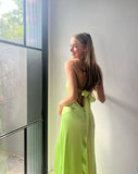 Green Fashion Elegant Spaghetti Strap Long Satin Tulle Ball Gown Evening Dress Wedding Guest Party Dress Prom Dress HZ1023