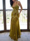 Green beaded sexy mermaid spaghetti straps long lace ball gown evening dress HZ1023
