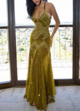 Green retro fashion elegant exquisite lace suspender sleeveless mermaid long chiffon elegant ball gown evening dress party dress HZ1023