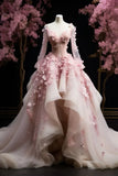 Pink Gorgeous Exquisite Floral A-line Long Tulle Long Sleeve Ball Gown Prom Dress Evening Dress Wedding Dress HZ1023