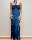 Dark Blue Fairy Mermaid Beaded Long Chiffon Formal Prom Evening Dress Wedding Guest Party Gown Dress Greek Halter Neck HZ1023