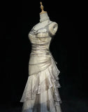 champagne Vintage Elegant Long Lace Ruffle prom dress Evening Dress HZ1023