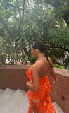 Orange Fashion Elegant Spaghetti Strap Long Ruffle Chiffon Ball Gown Evening Dress Party Dress Wedding Guest Dress HZ1023
