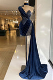 Blue satin shiny sequins fashion unique long and short prom dress evening dress HZ1023