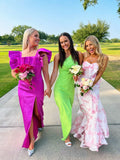Pink Fashion Elegant Square Neckline Sexy Slit Long Satin Ball Gown Evening Dress HZ1023
