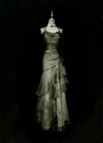 Green/champagne Vintage Elegant Long Lace Ruffle prom dress Evening Dress HZ1023