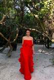 Red/Yellow a-line ruffled long Chiffon ball gown prom dress evening dress wedding guest party dress HZ1023