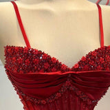 Red gorgeous exquisite fashion shiny spaghetti straps slit mermaid slim long satin ball gown evening dress party dress HZ1023