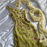 Yellow Green gorgeous exquisite vintage embroidered spaghetti strap long ball gown prom dress evening gown HZ1023