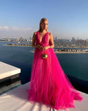 Pink V-neck contrast color long shoulder strap tulle long ball gown prom dress evening dress HZ1023