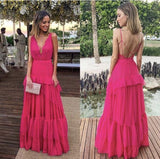 Pink Elegant Sexy V-neck Lace Spaghetti Straps Long Chiffon Ruffle Ball Gown Evening Dress Wedding Guest Party Dress HZ1023