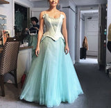 Light blue vintage fashion exquisite beaded spaghetti strap long tulle ball gown evening dress graduation prom HZ1023