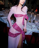 Pink Gorgeous Shiny Elegant Long Mermaid Slim Fashion Bow Slit Sexy Ball Gown Evening Dress Party Dress HZ1023