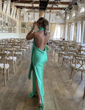 Green simple and elegant lace-up halter neck backless slit long slim satin banquet dress evening dress ball gown wedding guest dress HZ1023
