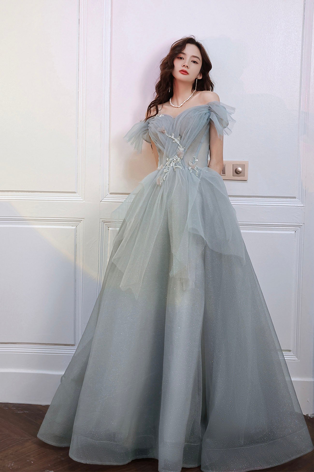 Gray tulle sequins long prom dress A line evening dress HZ1023