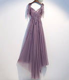 Purple tulle lace long prom dress A line evening dress HZ1023