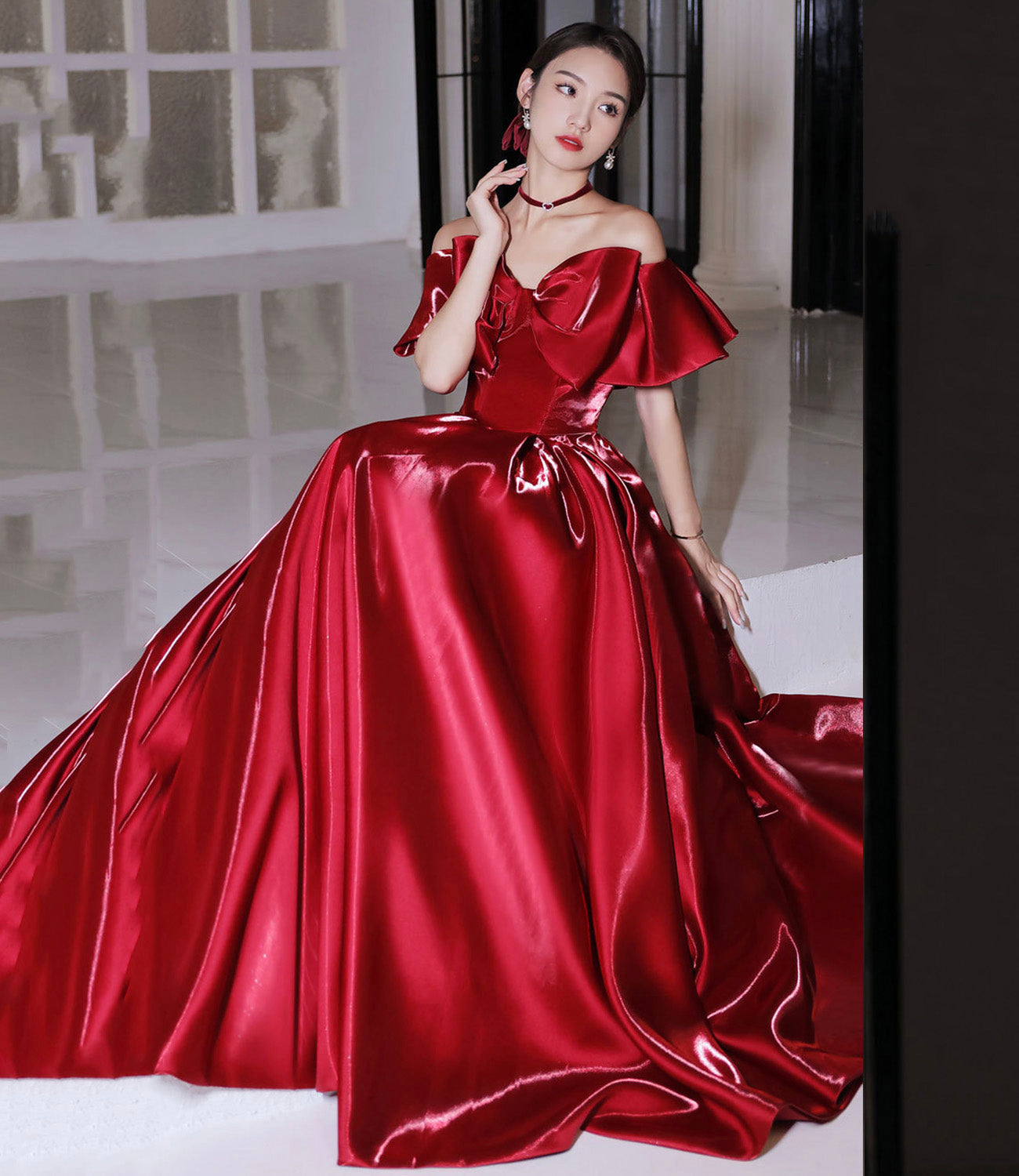 Red satin long prom dress A line evening dress HZ1023