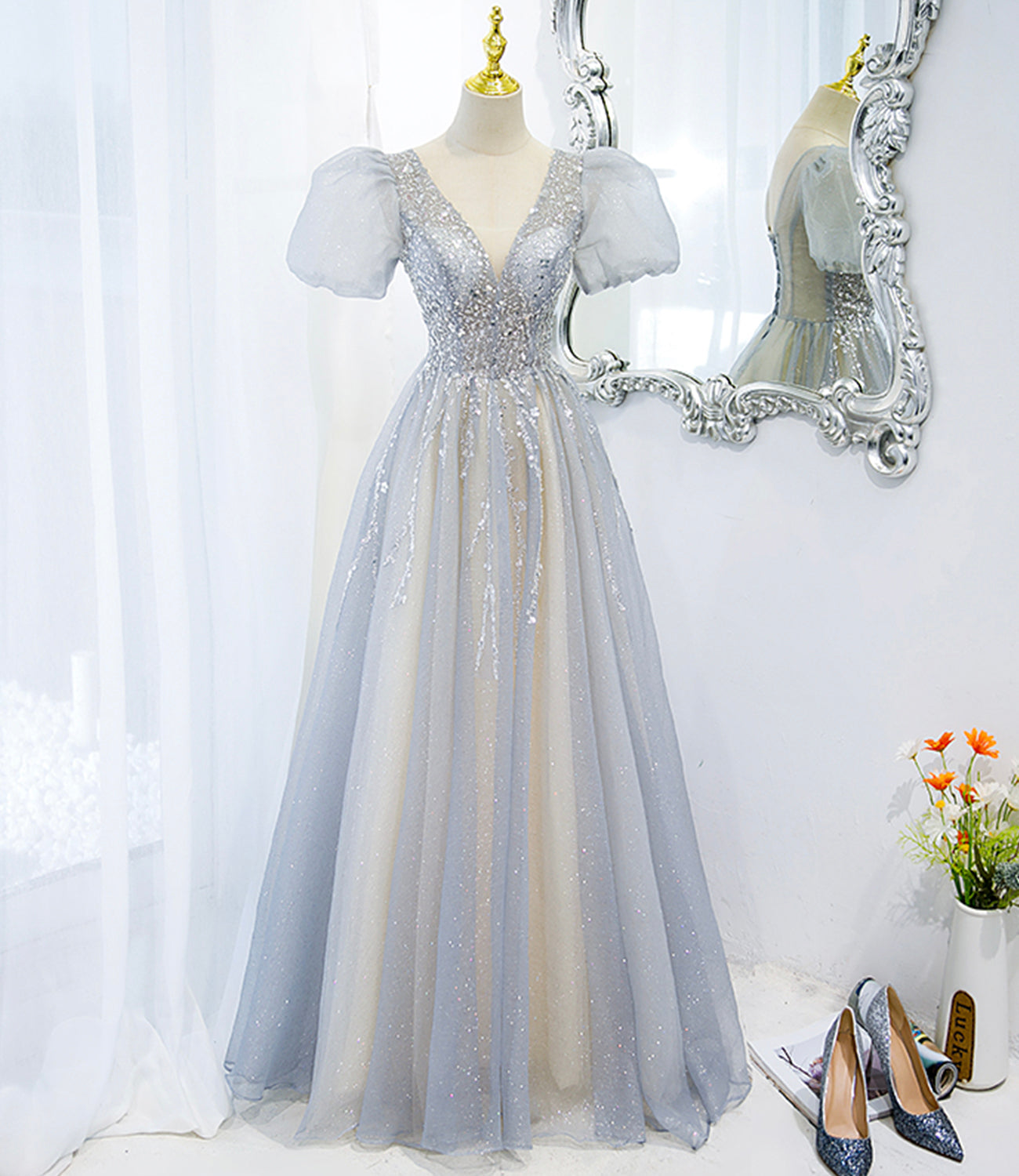 Gray tulle beads long prom dress A line evening gown HZ1023