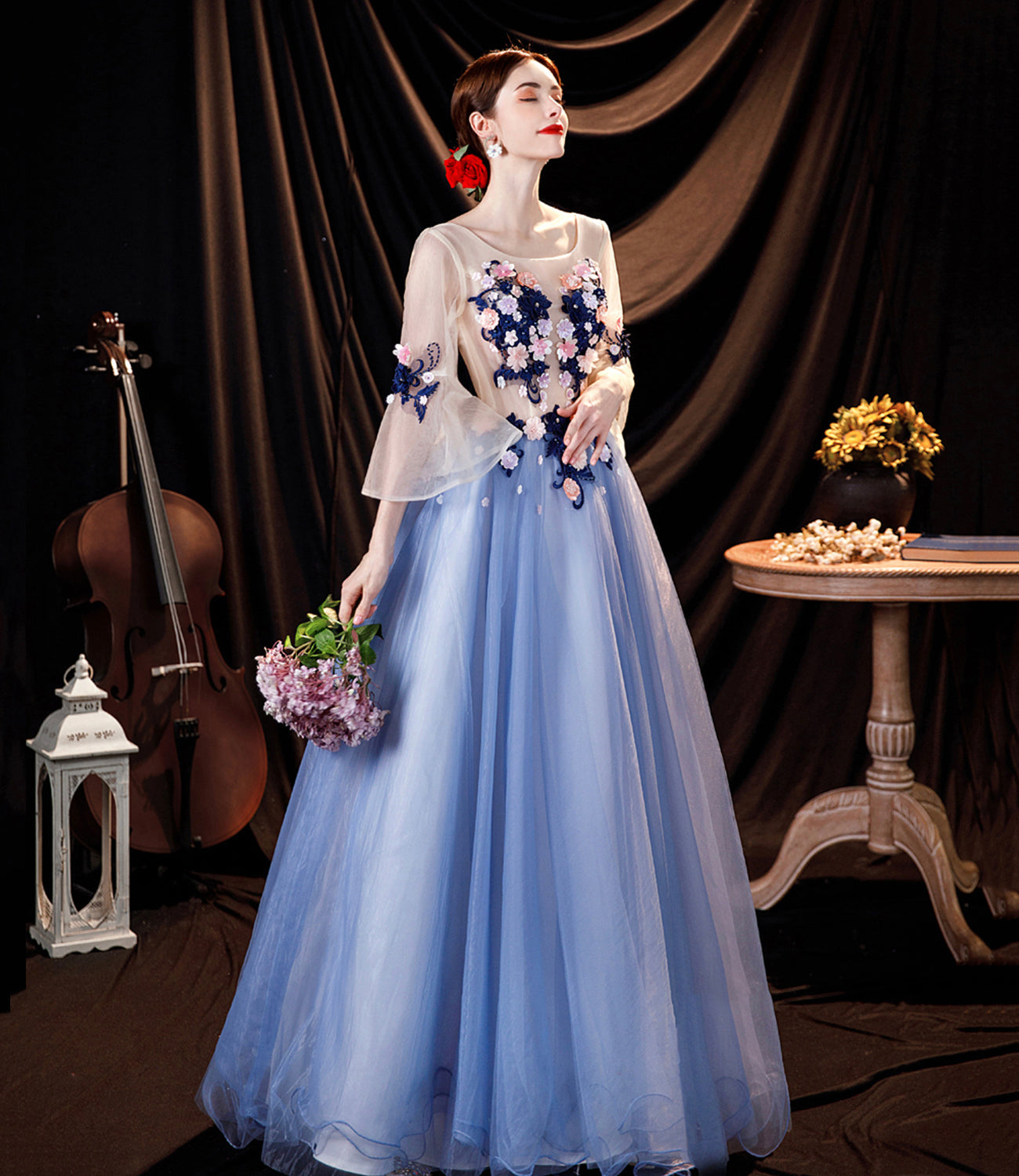 Blue tulle applique long prom dress blue evening dress HZ1023