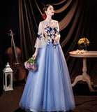 Blue tulle applique long prom dress blue evening dress HZ1023
