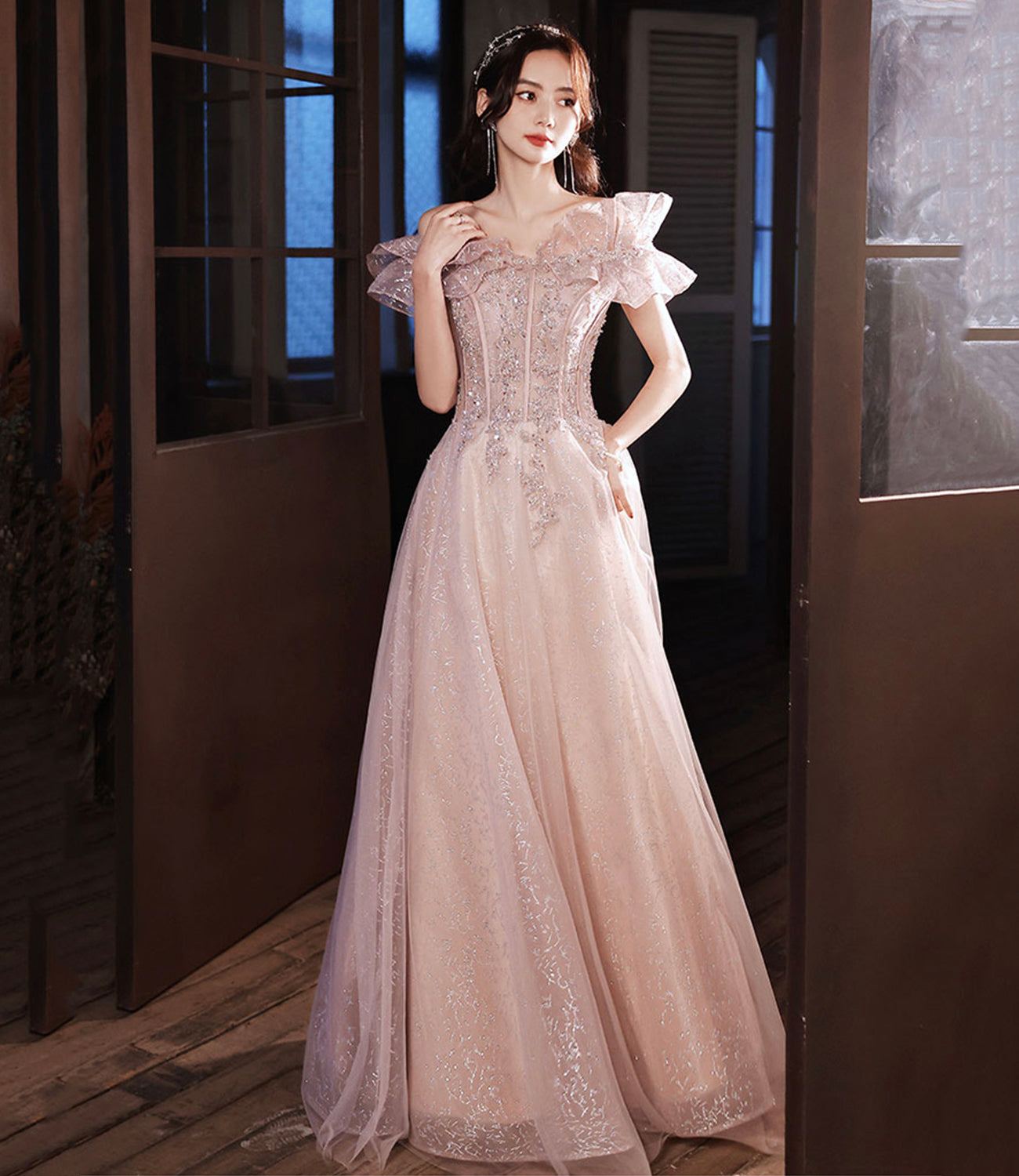 Pink tulle beads long prom dress A line evening dress HZ1023