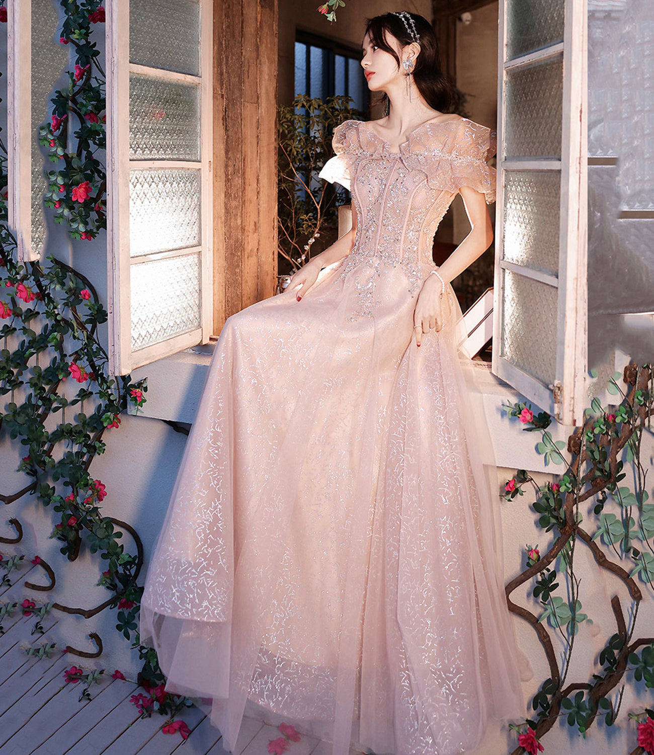 Pink tulle beads long prom dress A line evening dress HZ1023