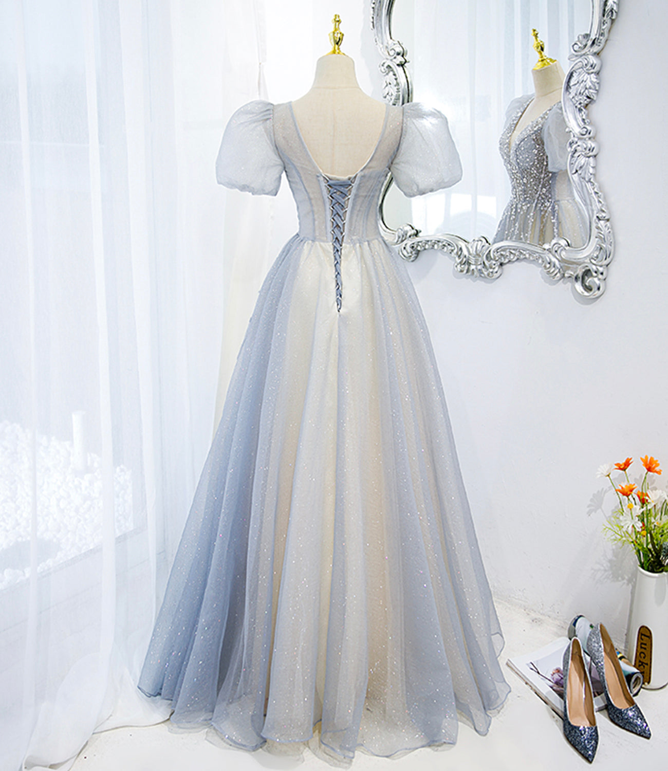 Gray tulle beads long prom dress A line evening gown HZ1023