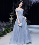 Blue tulle sequins long prom dress blue evening dress HZ1023