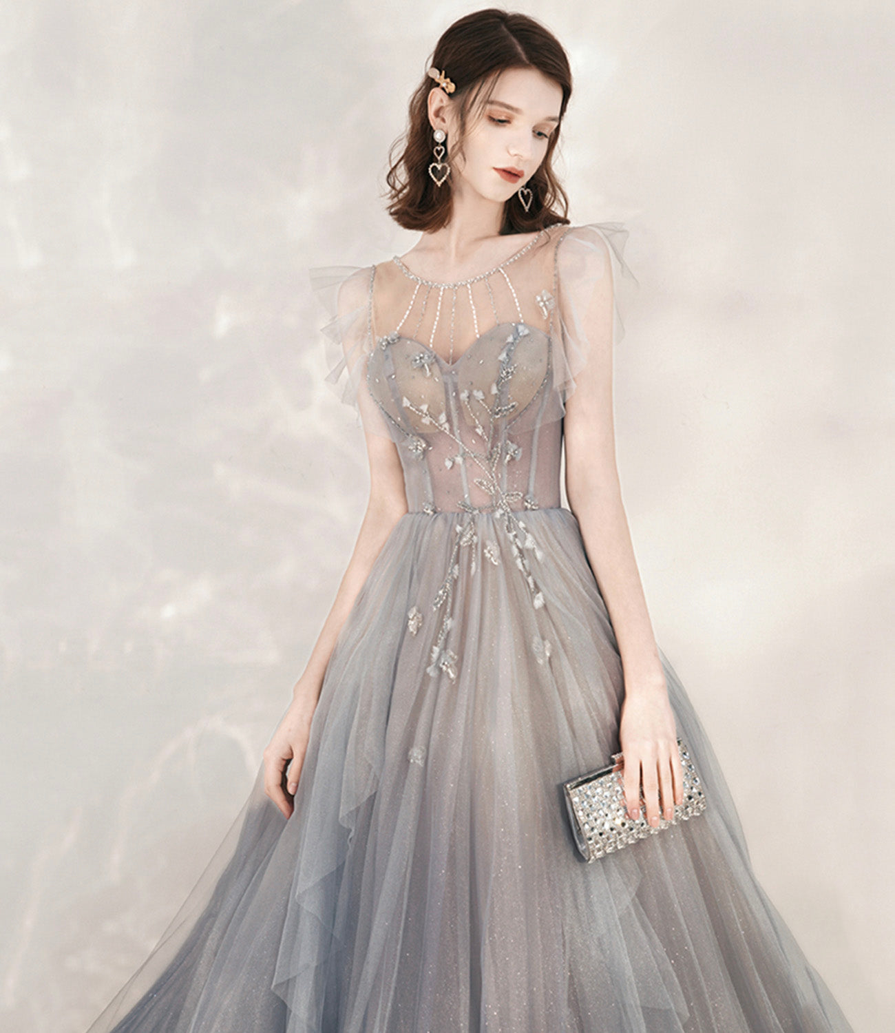 Cute tulle beads long prom dress A line formal dress HZ1023