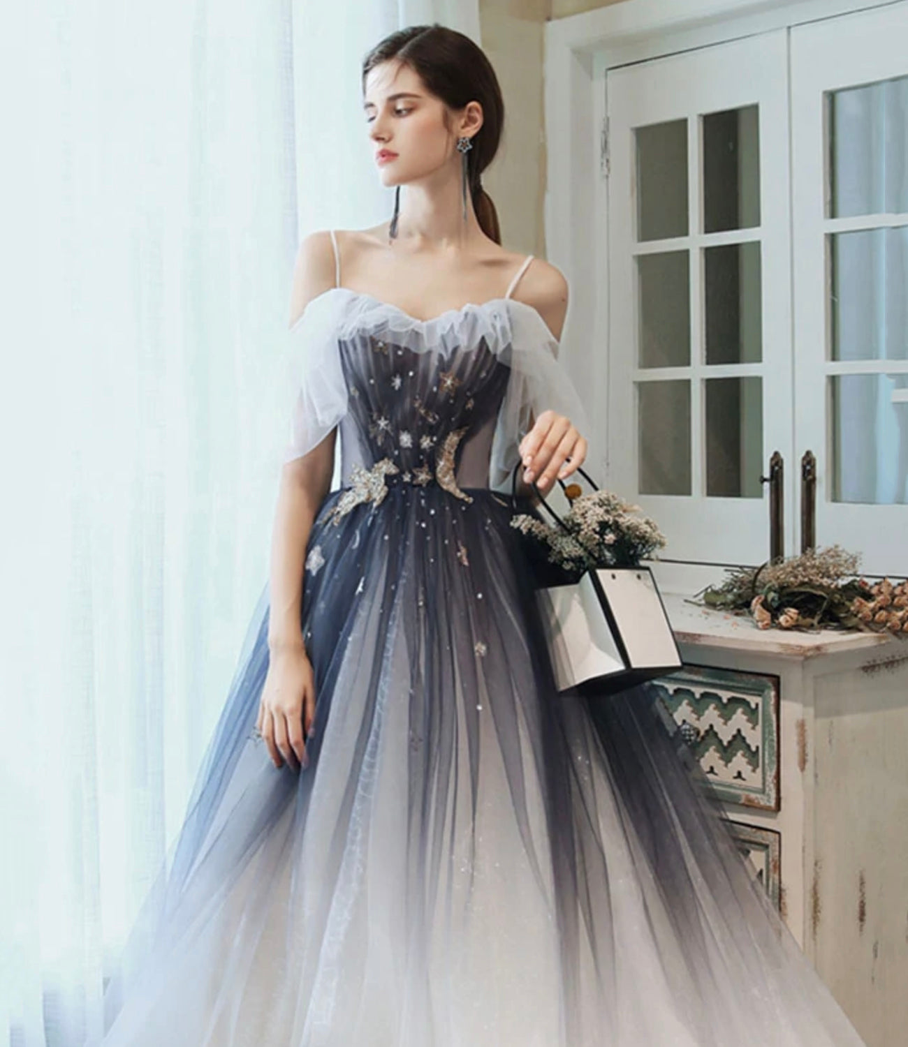 Blue tulle sequins long prom dress A line evening dress HZ1023