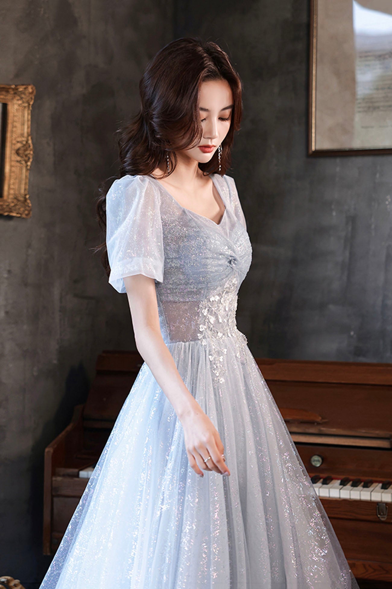Cute tulle beads long prom dress blue evening dress HZ1023