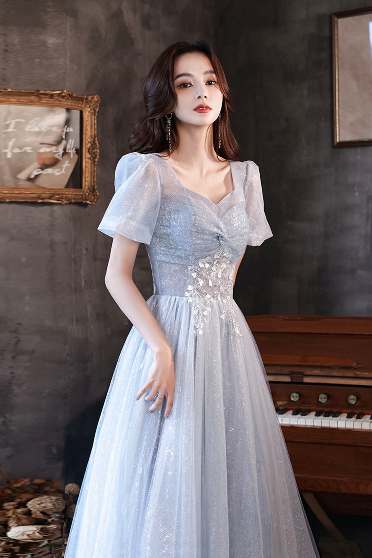 Cute tulle beads long prom dress blue evening dress HZ1023
