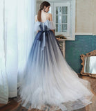 Blue tulle sequins long prom dress A line evening dress HZ1023