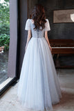 Cute tulle beads long prom dress blue evening dress HZ1023