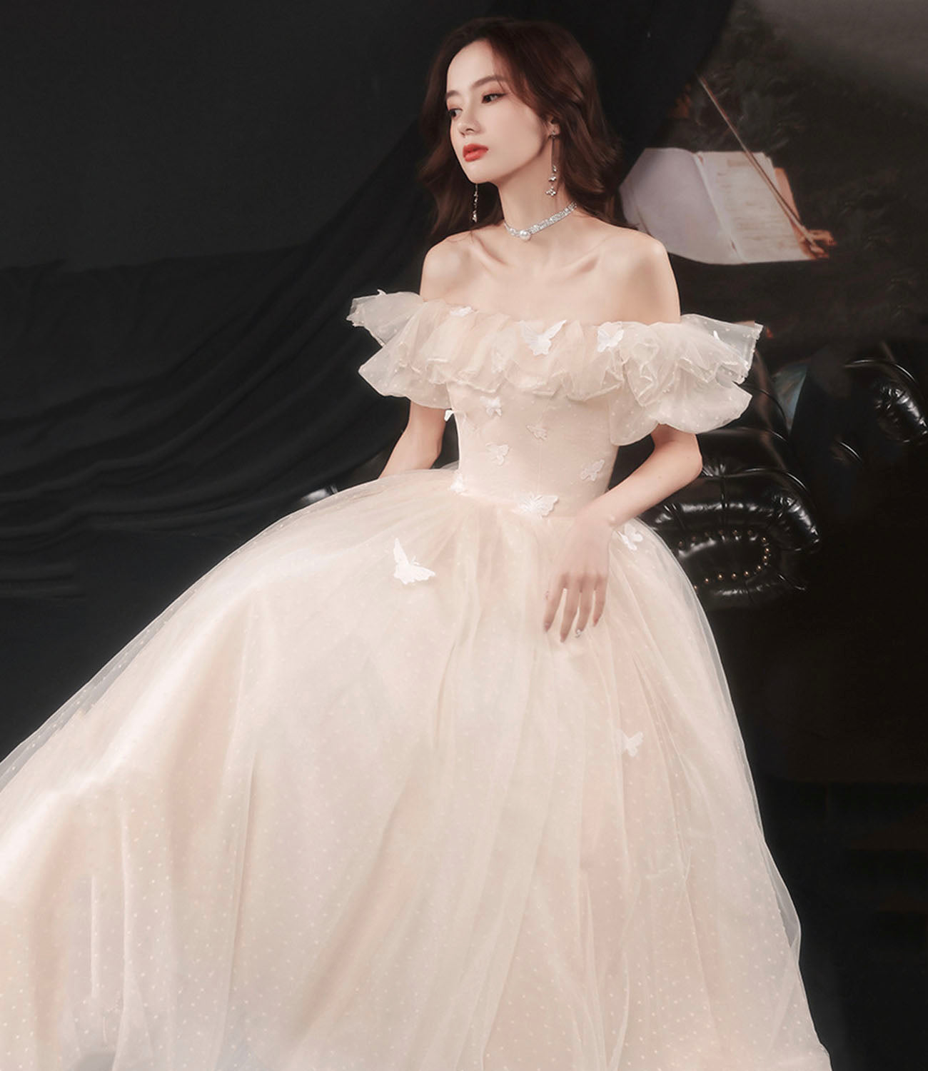 Champagne tulle long prom dress A line evening dress HZ1023