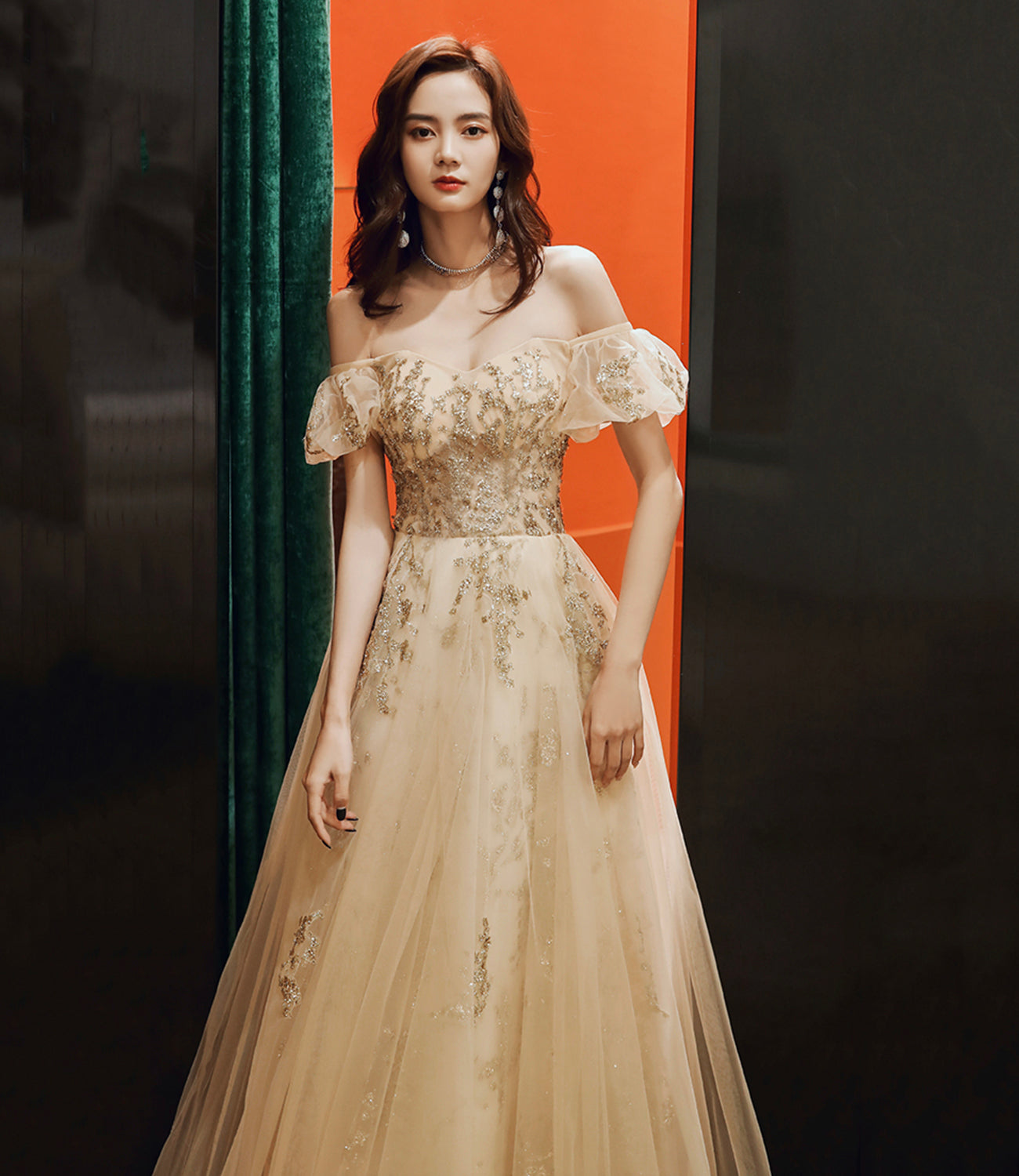 Gold sequins long prom dress A line evening dress HZ1023
