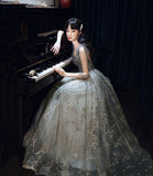 Gray tulle sequins A line prom dress gray evening dress HZ1023