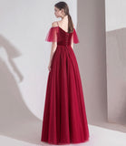 Bugundy velet tulle long prom dress A line evening dress HZ1023