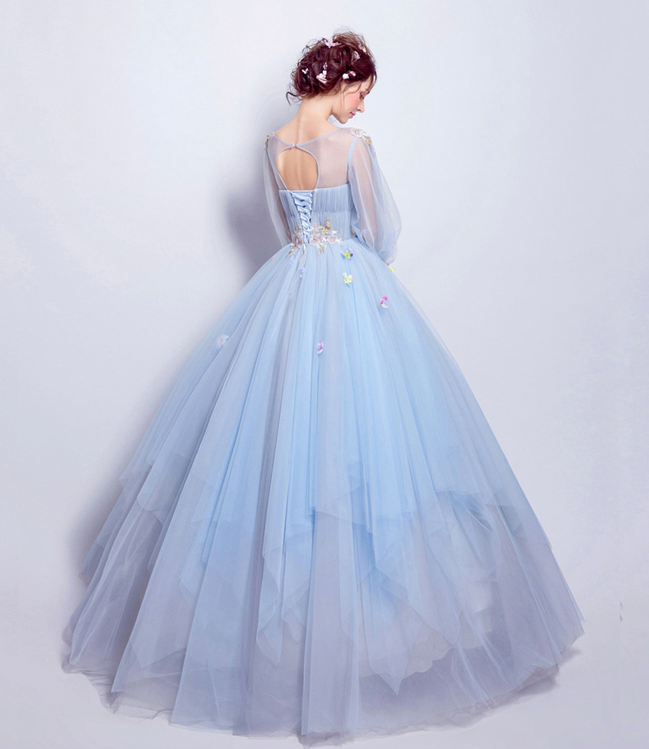 Blue tulle sequins long ball gown dress blue evening dress HZ1023