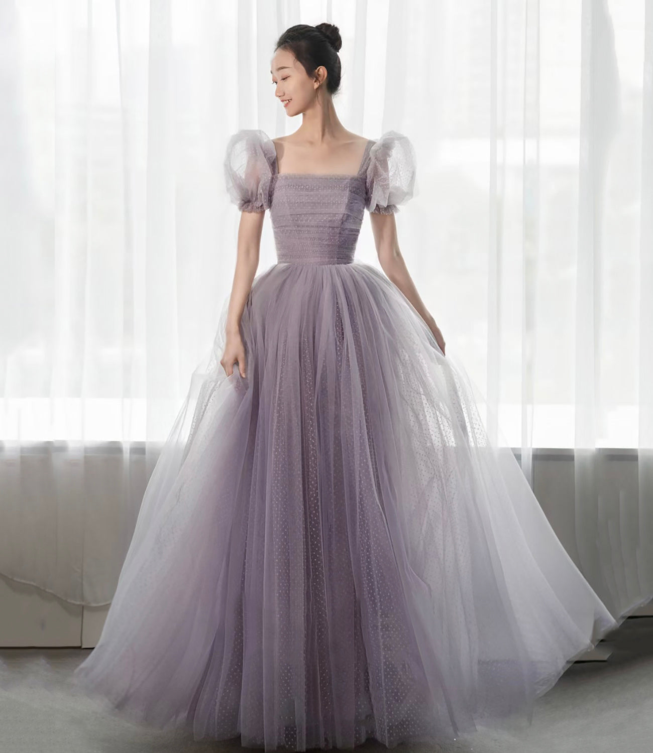Purple tulle long prom dress A line evening gown HZ1023