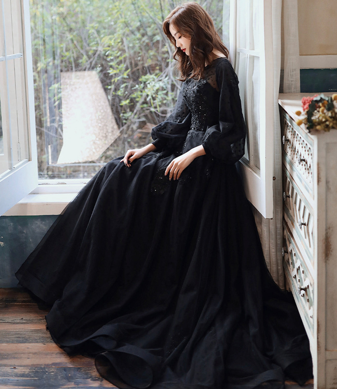 Black tulle lace long prom dress A line evening dress HZ1023