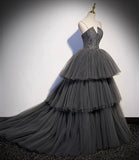 Gray tulle lace long ball gown dress formal gown HZ1023