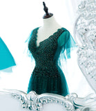 Green tulle beads long prom dress evening gown HZ1023