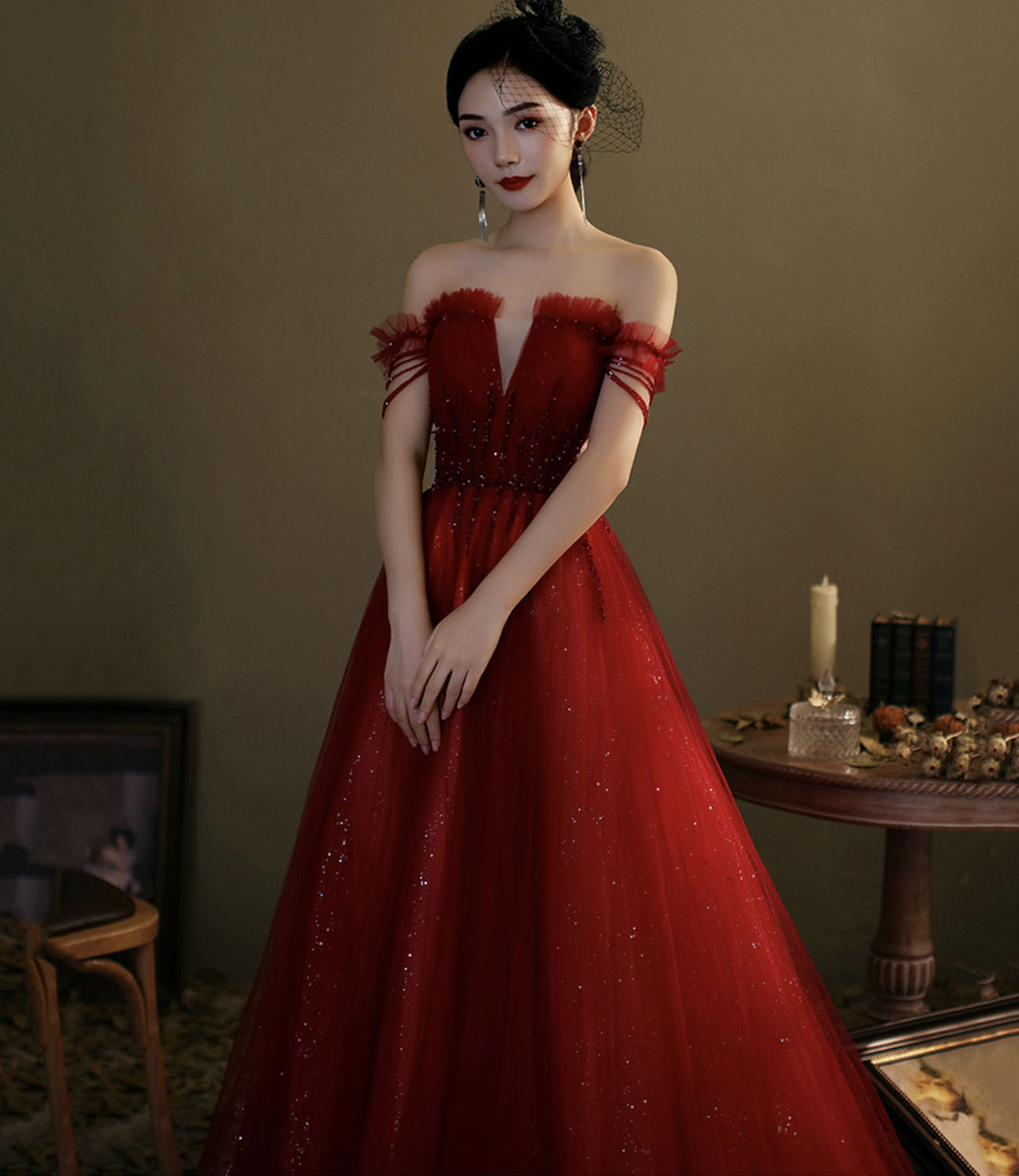 Red tulle sequins long prom dress evening gown HZ1023