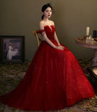 Red tulle sequins long prom dress evening gown HZ1023