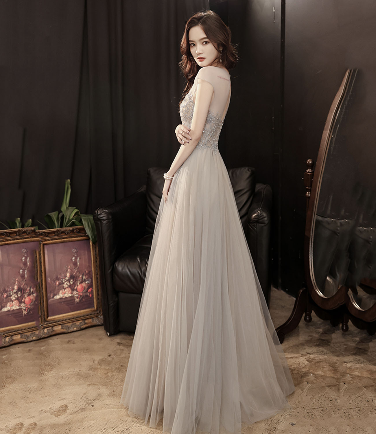 Cute tulle beads long prom dress A line evening gown HZ1023
