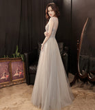 Cute tulle beads long prom dress A line evening gown HZ1023