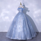 Blue tulle sequins long ball gown dress formal gown HZ1023