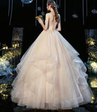 Champagne tulle long prom dress A line evening gown HZ1023