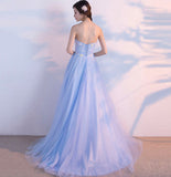 Blue tulle lace long prom dress blue evening gown HZ1023